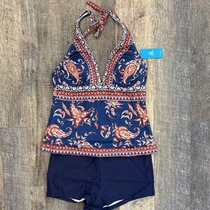 NWT Cupshe Navy Paisley Halter Tankini Set Size Large